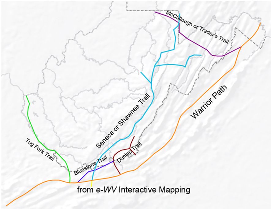 This map Illustrates Native American Trails within the state of West Virginia. Tug Fork Trail, SW of WV;  Bluestone Trail, SE of WV; Dunlap Trail; SE of WV; Warrior path, E of WV; Seneca Trail; W and Central WV; Traders Trail, N of WV