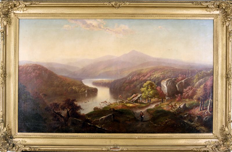 Painting depicting a river flowing through mountains with a man walking on a path
